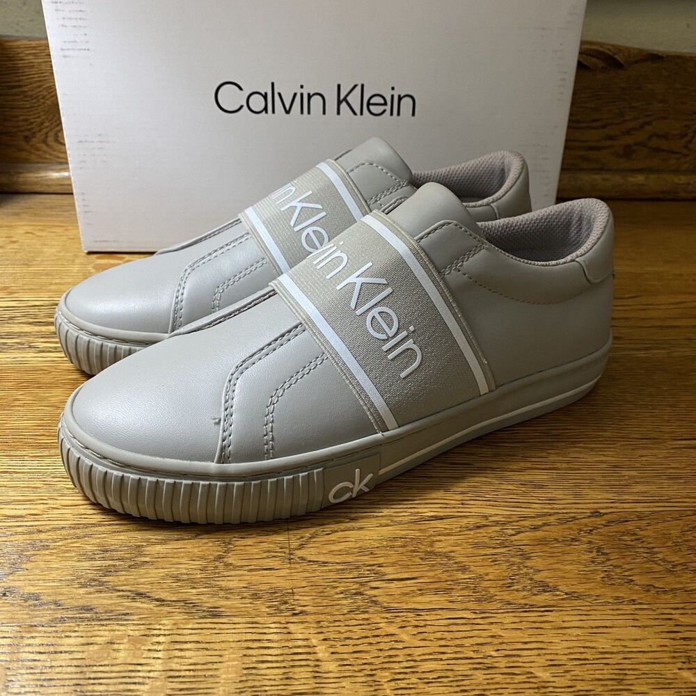 Calvin Klein Womens Clairen Slip On Sneakers Size 7 Light Gray Faux Leather